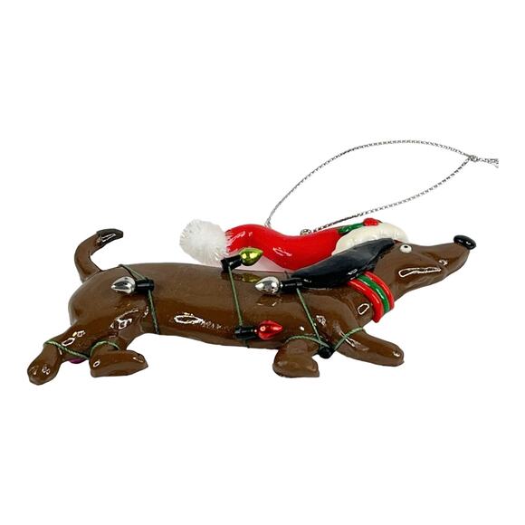 VTG Holiday DACHSHUND DOG ORNAMENT 5" Tangled In Christmas Lights w/ Santa Hat - Picture 3 of 6